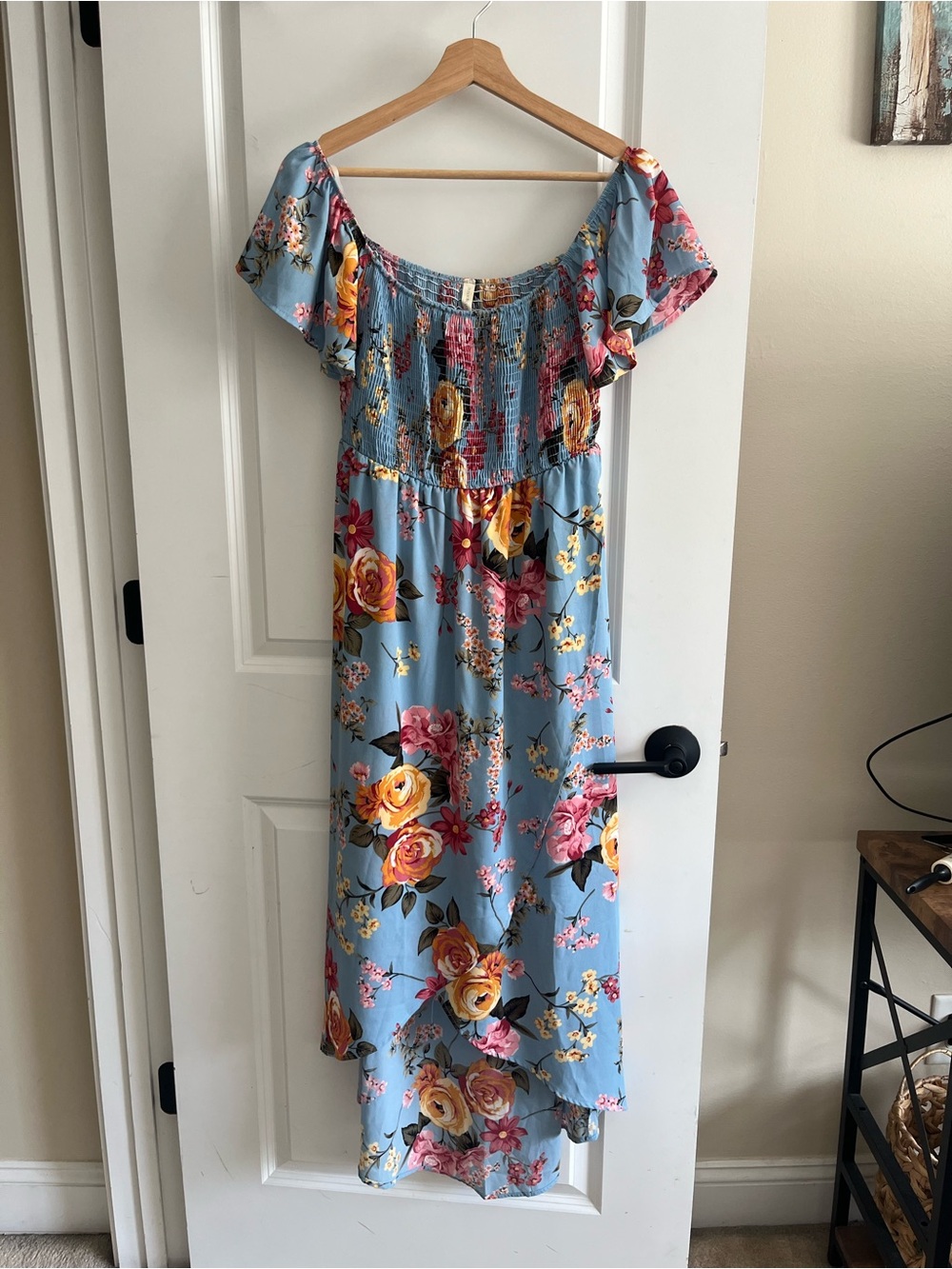 NWT Pink Blush Blue Floral Smocked Off Shoulder High Low Maxi Dress